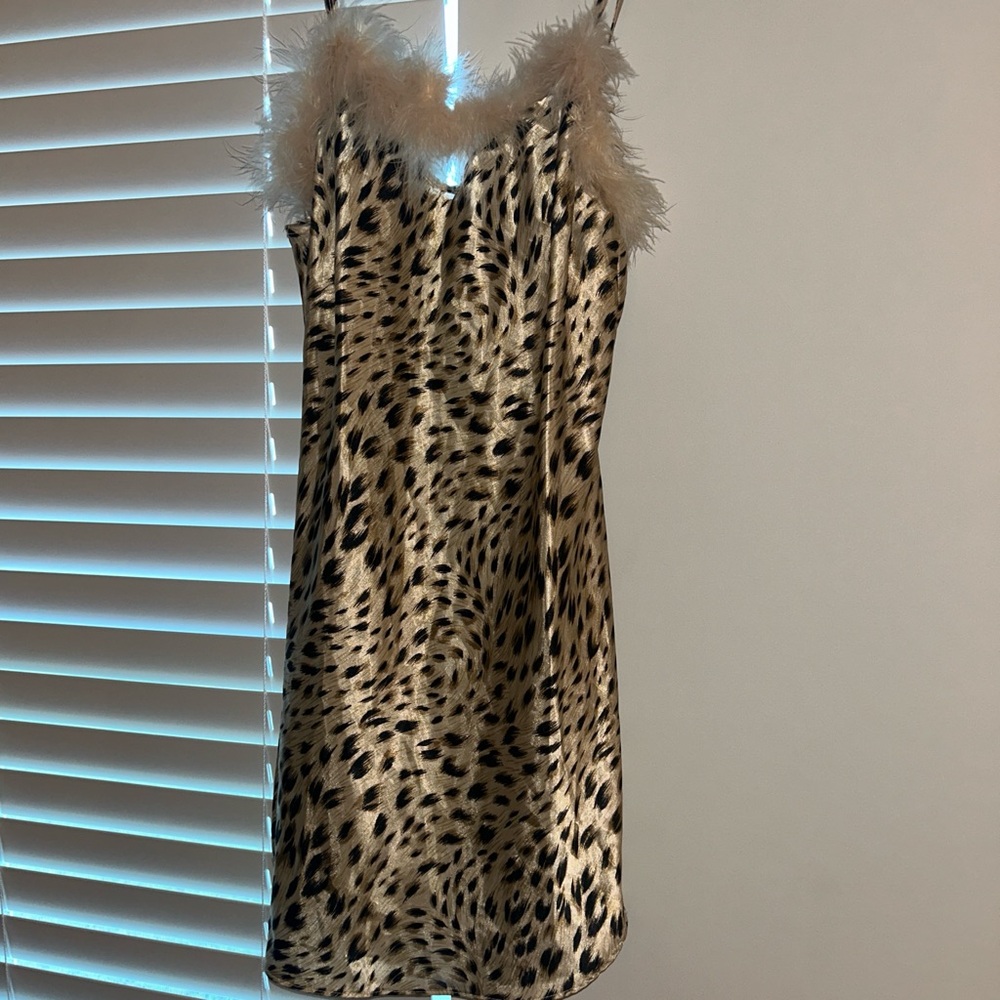 Vintage Leopard Print mini slip with Feather Trim